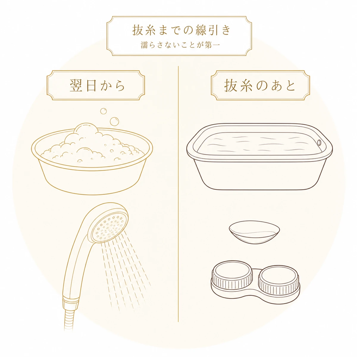 二重切開のあと翌日から始めてよい洗顔とシャワー、抜糸のあとまで待つ入浴とコンタクトを左右に分けて示した図解イラスト