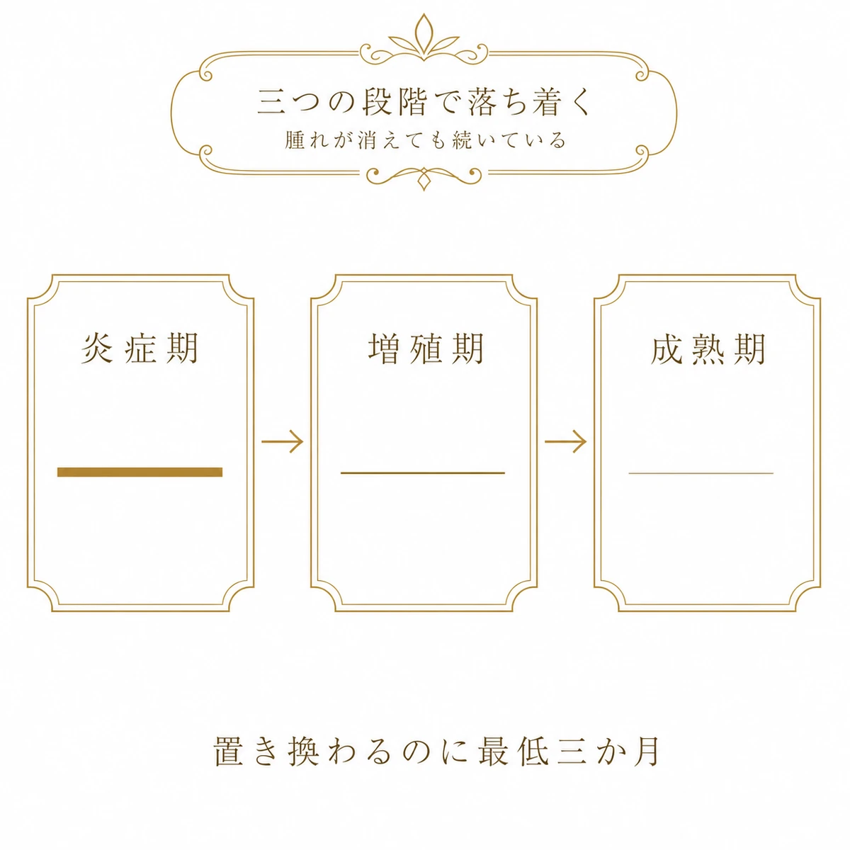傷が炎症期から増殖期を経て成熟期へ進む三つの段階を、左から右へ矢印でつなぎ傷の線が細くなる形で示した図解イラスト