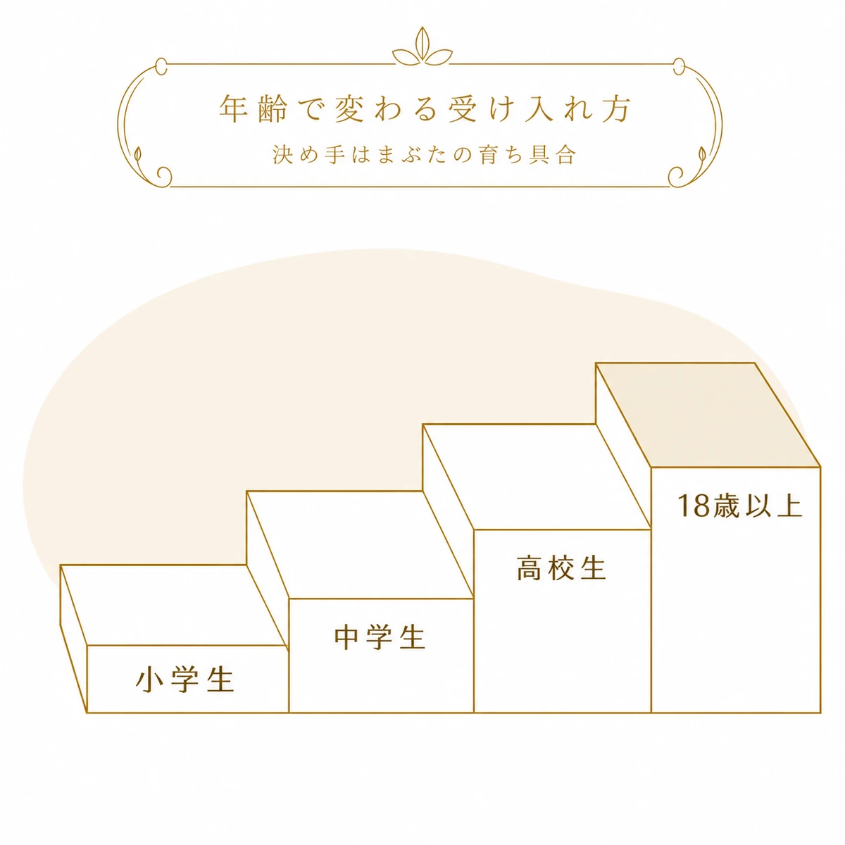 小学生から18歳以上まで年齢が上がるほど二重整形を受け入れる施設が増えることを、左から右へ上る4段の階段で示した図解イラスト