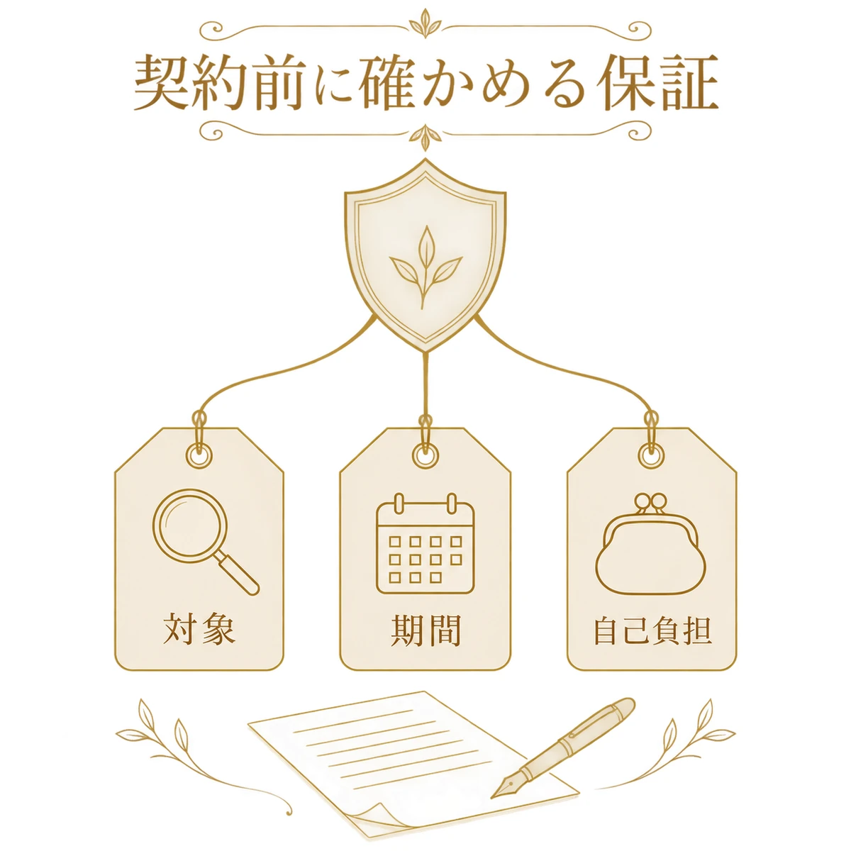 保証の対象、期間、自己負担を、盾から下がる3枚の札で示した図解