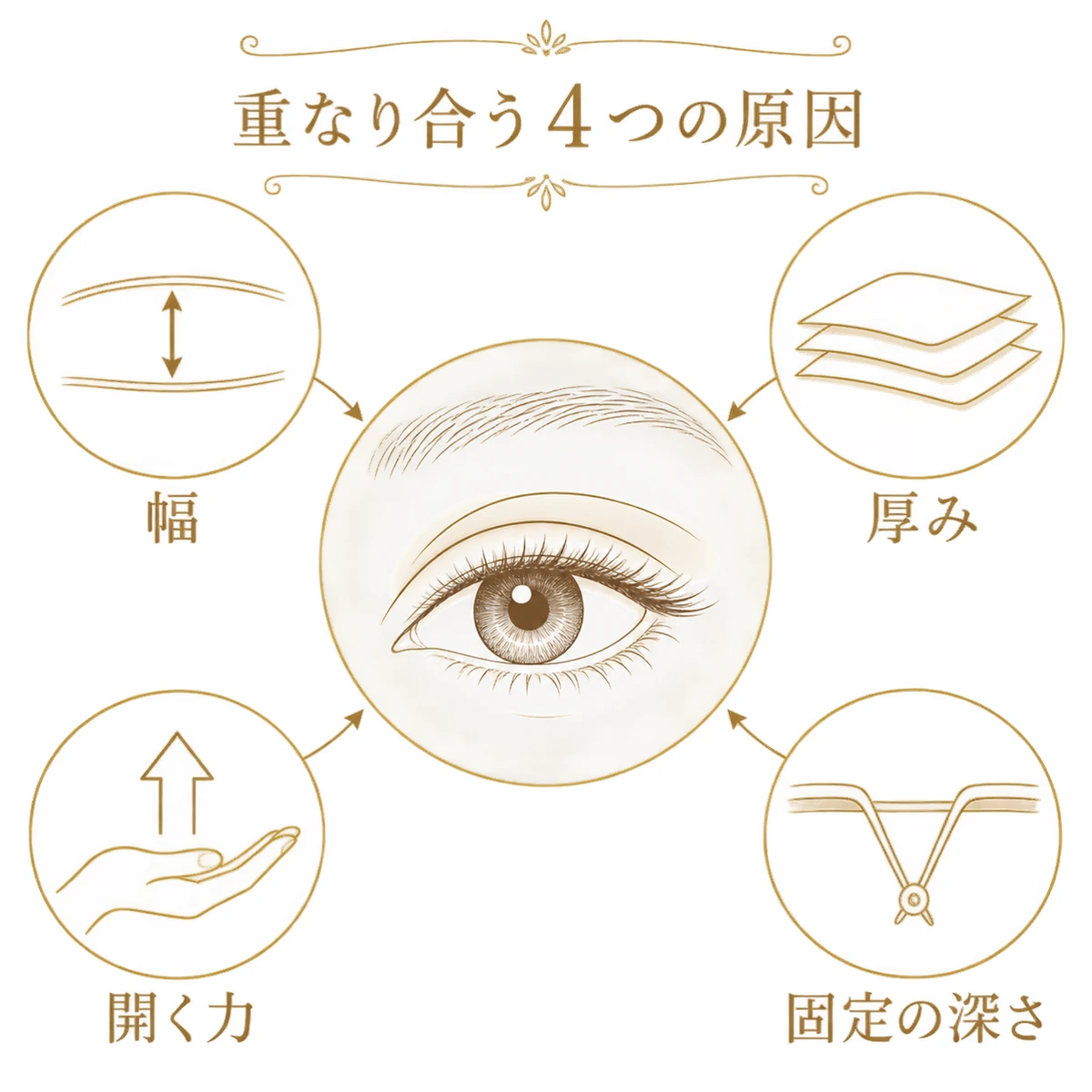 開いた目元に幅、厚み、開く力、固定の深さの4要因が集まる関係図