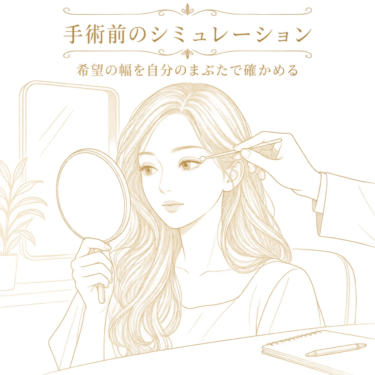 女性が手鏡を見ながら器具で二重の折れ目を確かめる手術前の診察風景