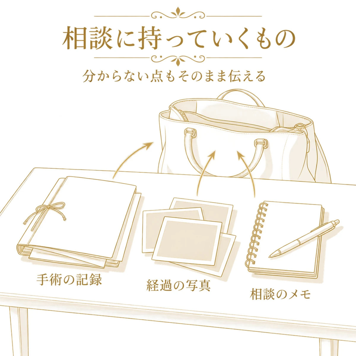 手術の記録、経過の写真、相談のメモを開いたかばんの前に並べた持参物の図
