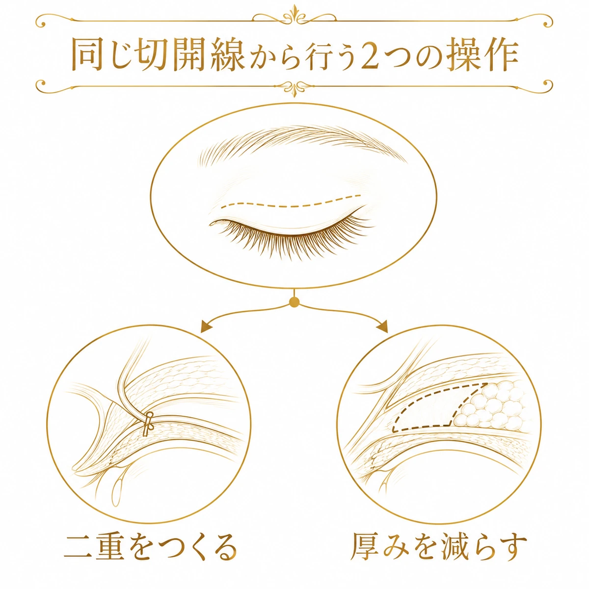 まぶたの同じ切開線から二重をつくる操作と厚みを減らす操作へ分かれる図