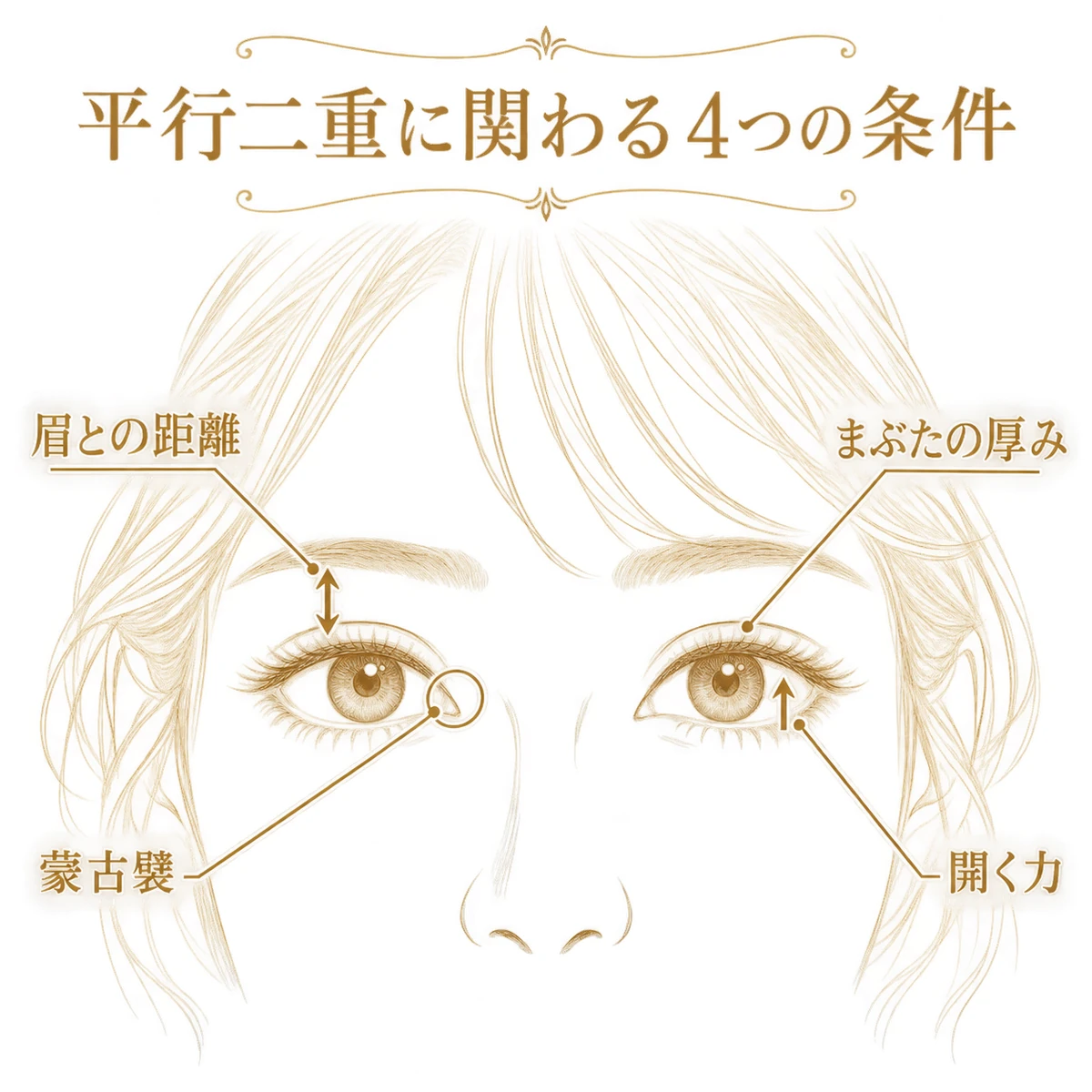平行二重に関わる蒙古襞、まぶたの厚み、眉との距離、目を開く力の図解