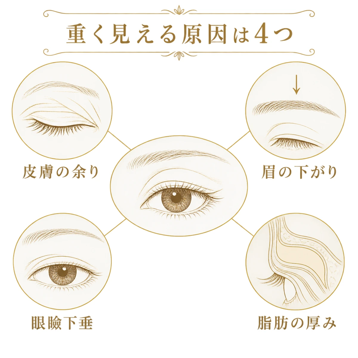 上まぶたが重く見える原因を、皮膚の余り、眉の下がり、眼瞼下垂、脂肪の厚みに分けた分類図