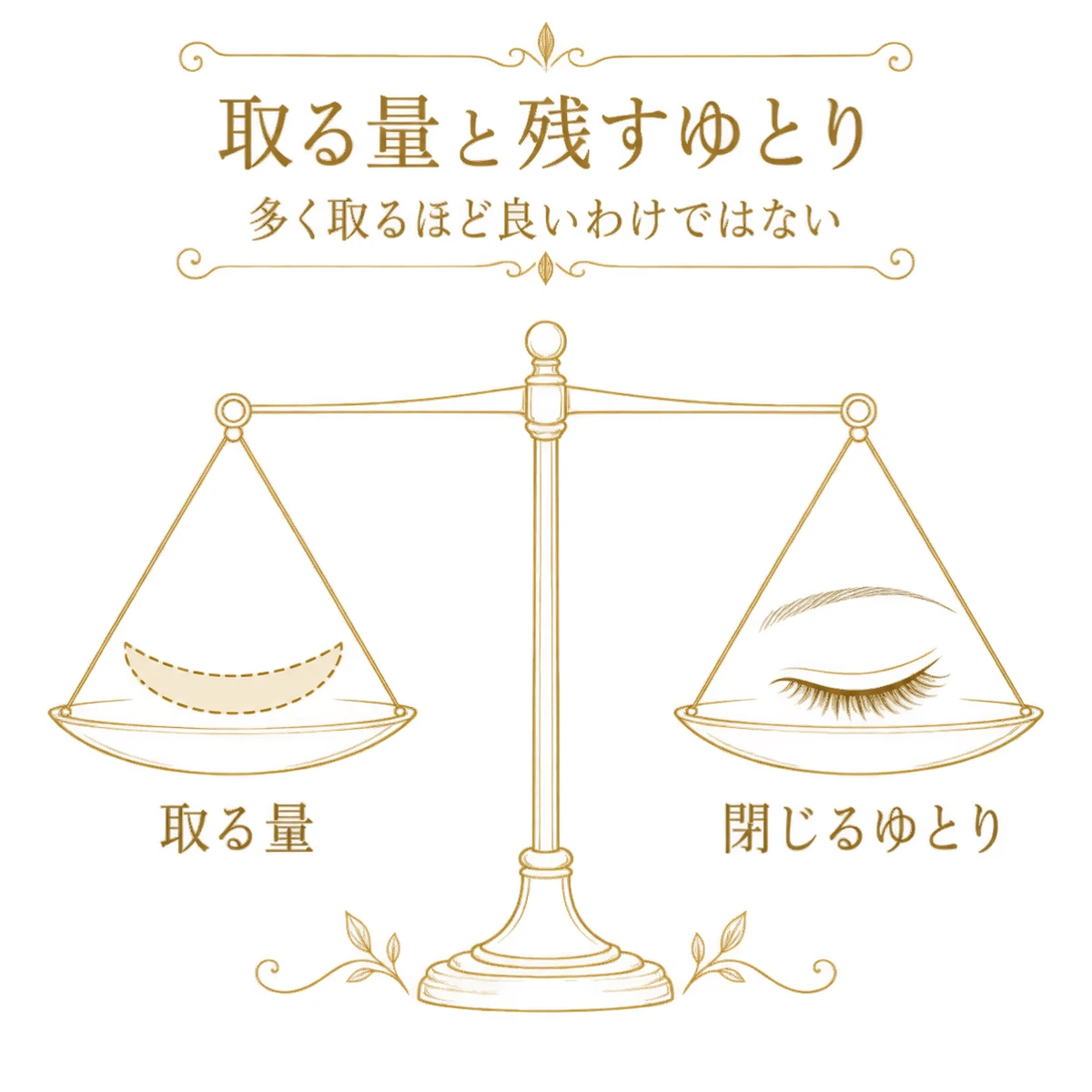 皮膚を取る量と、目を閉じるために残すゆとりのつり合いを天秤で表した図